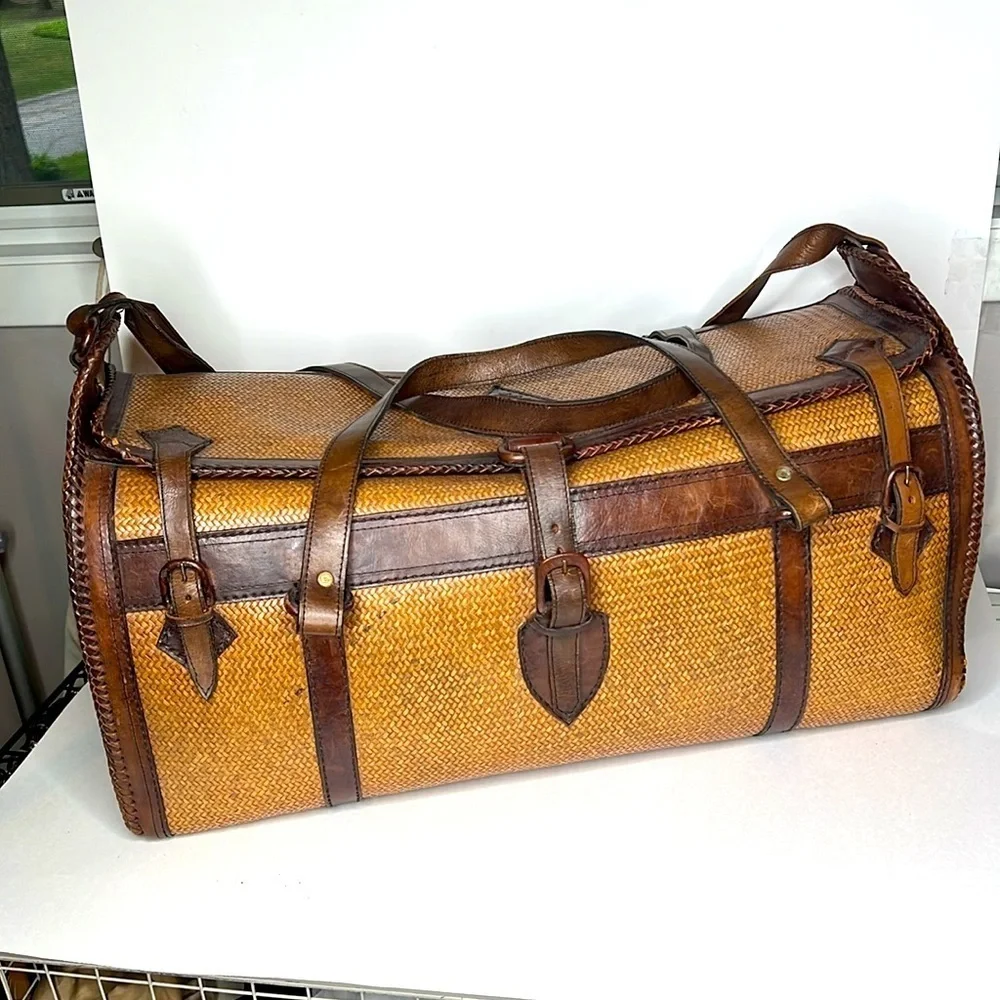 Leather Tightly Woven Wicker Extra Large Double Handle Shoulder Strap Travel Bag